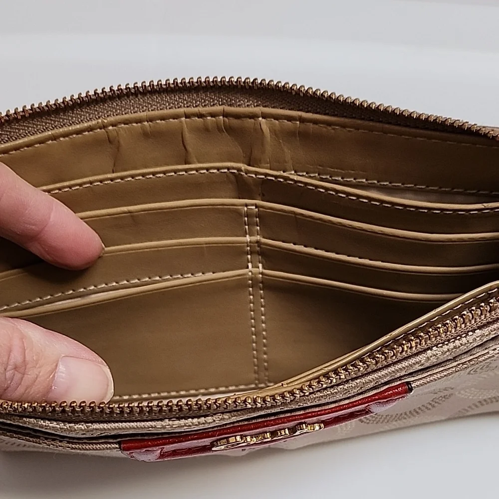Coach Tan and Red Signature Wristlet
